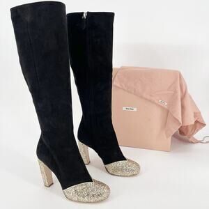 Miu Miu Black Suede Glitter Detailed Knee High Block Heel Boot size IT 38.5